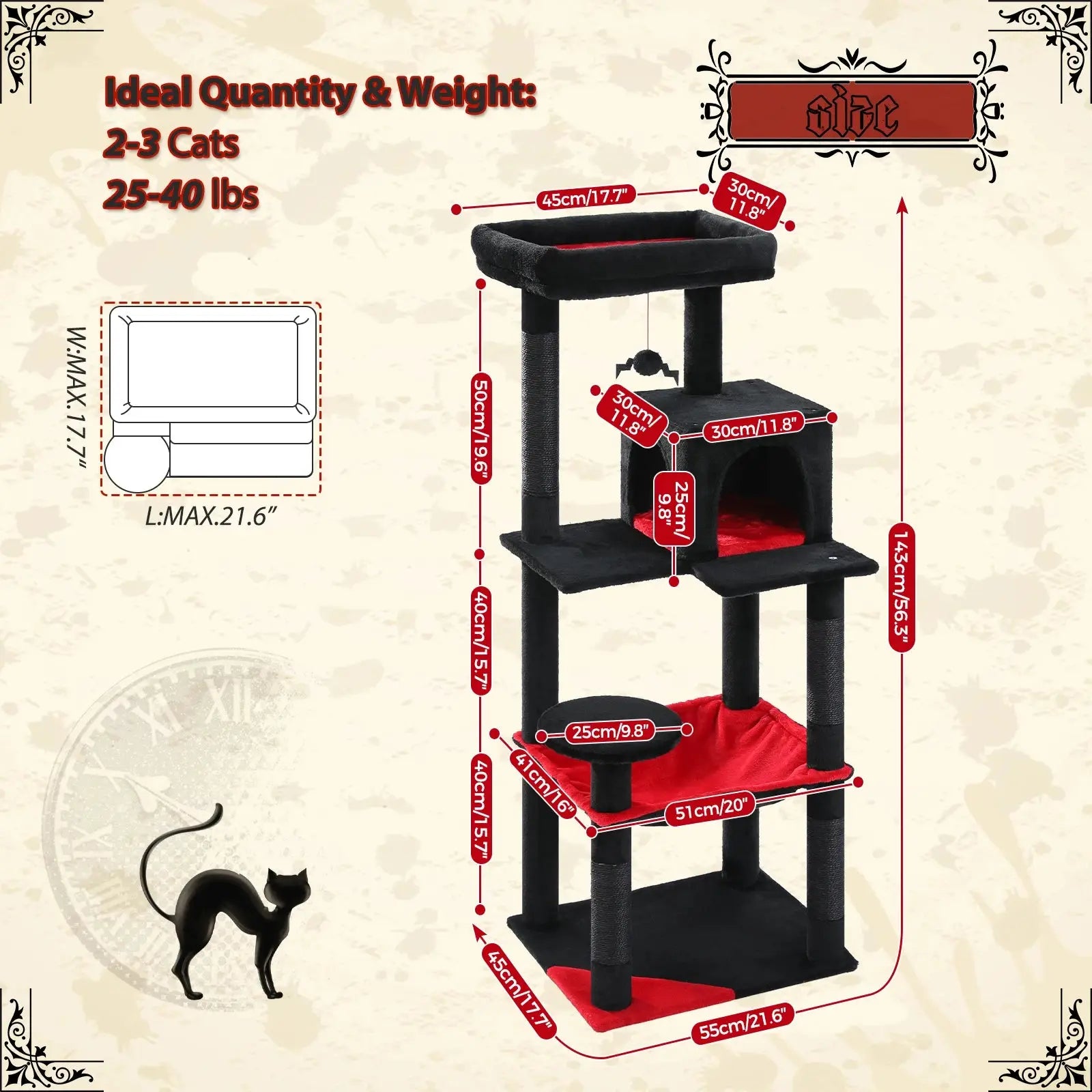 Gothic Cat Tree Tower – Tall Indoor Cat Activity Center with Large Hammock, Scratching Posts, Cozy Condo, and Top Perch for Climbing and Lounging