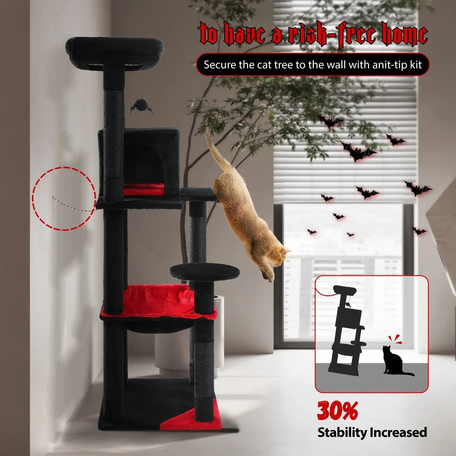 Gothic Cat Tree Tower – Tall Indoor Cat Activity Center with Large Hammock, Scratching Posts, Cozy Condo, and Top Perch for Climbing and Lounging