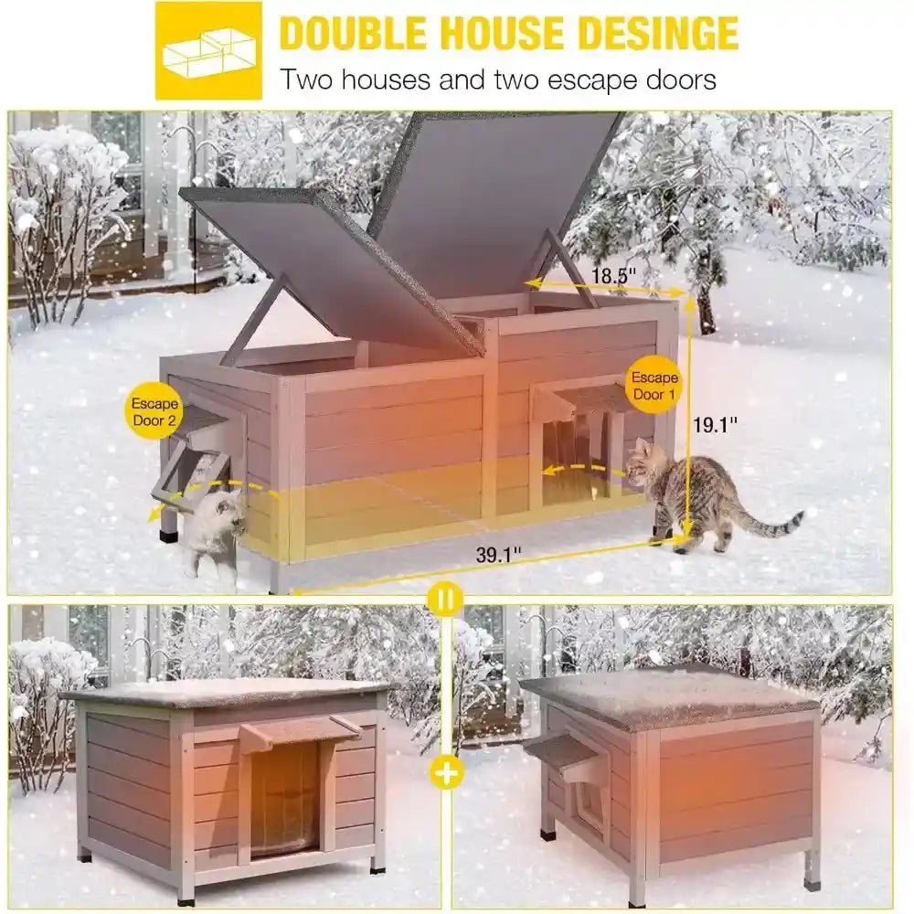 Outdoor cat house insulated shelter with double compartments, weatherproof wooden structure, two escape doors, and an openable roof for winter protection.