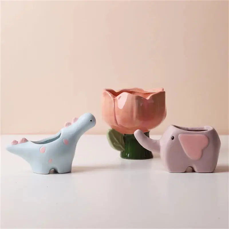  Creative Flower-Shaped Ceramic Plant Pot – Cute Cartoon Elephant & Dinosaur Succulent Vase for Home Table Decor.