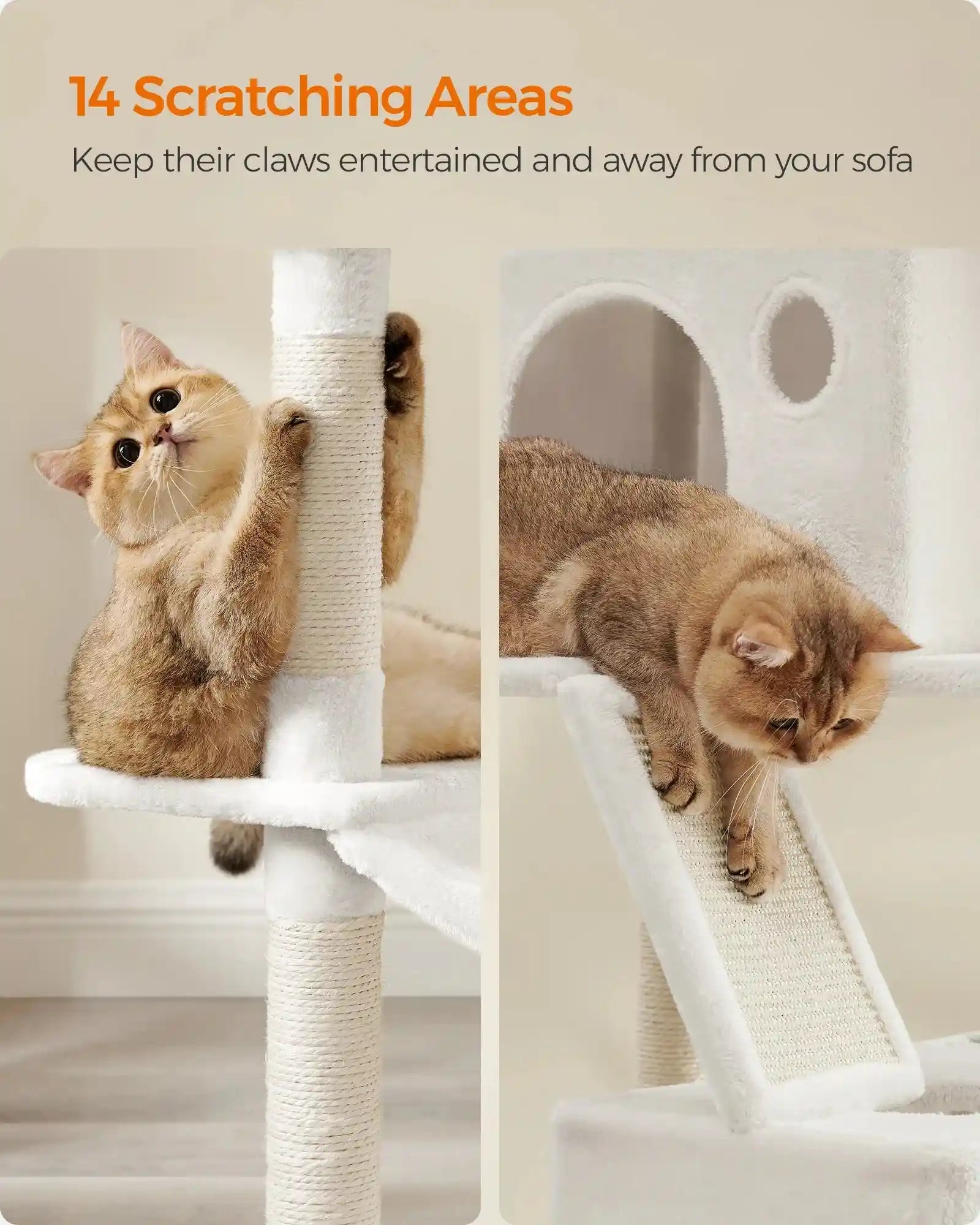 Feandrea Cat Tree XXL with 14 scratching areas, featuring sturdy posts and multiple tiers for climbing. Ideal for keeping cats entertained and away from furniture.