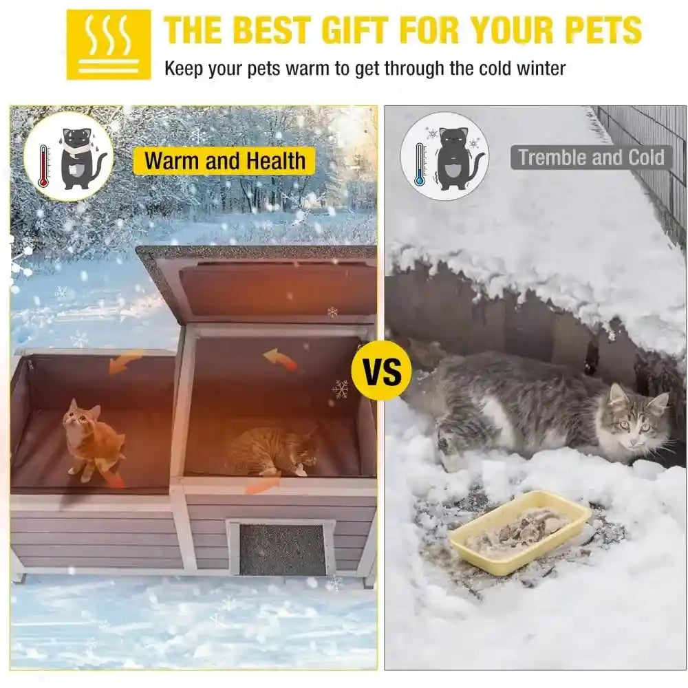 Outdoor cat house insulated shelter, weatherproof for winter. Side-by-side comparison of cats in a warm insulated shelter versus shivering in the snow.