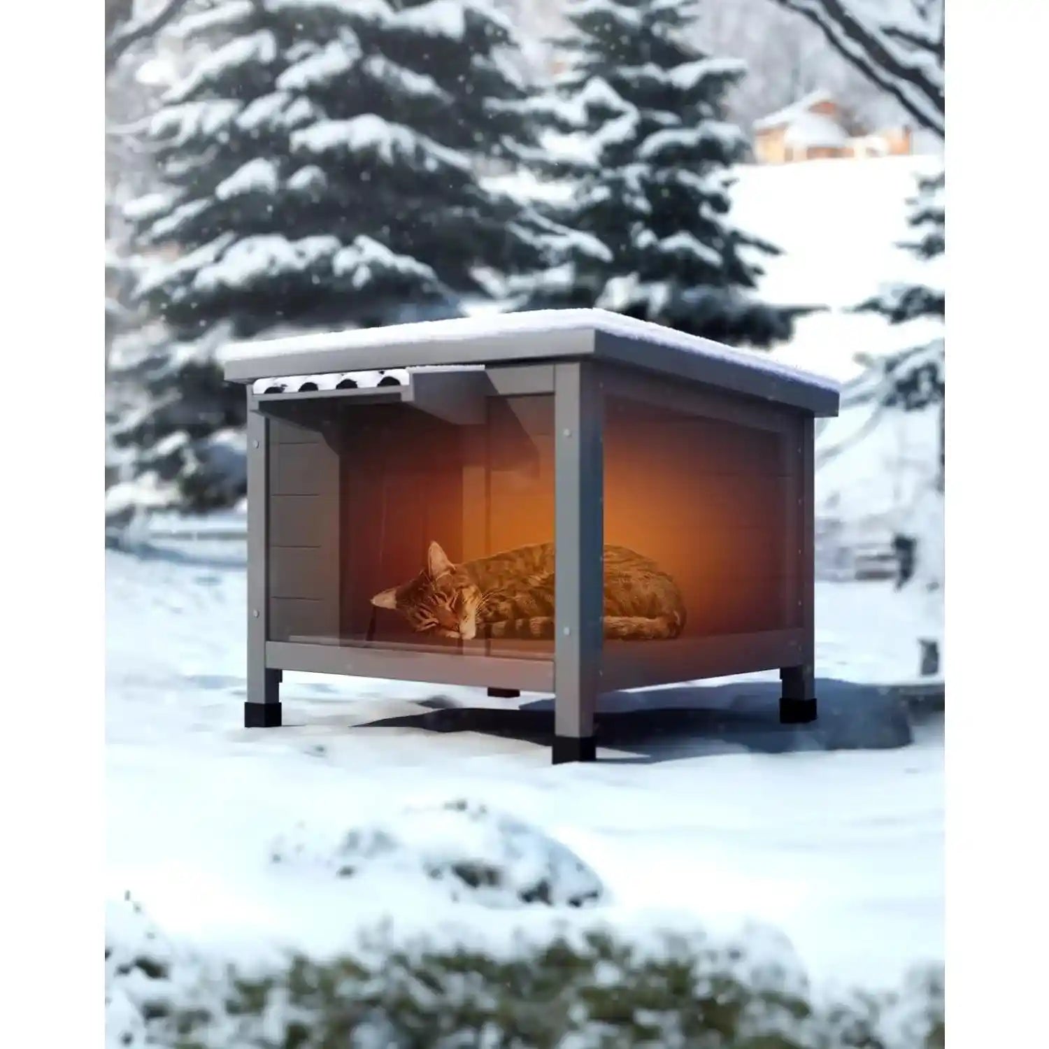 Outdoor cat house feral cat shelter with waterproof and foam-insulated design. Provides warmth and protection for cats in snowy winter conditions.