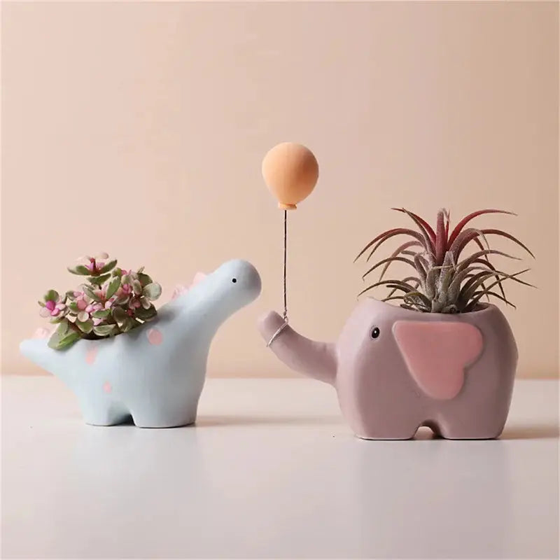  Creative Flower-Shaped Ceramic Plant Pot – Cute Cartoon Elephant & Dinosaur Succulent Vase for Home Table Decor.