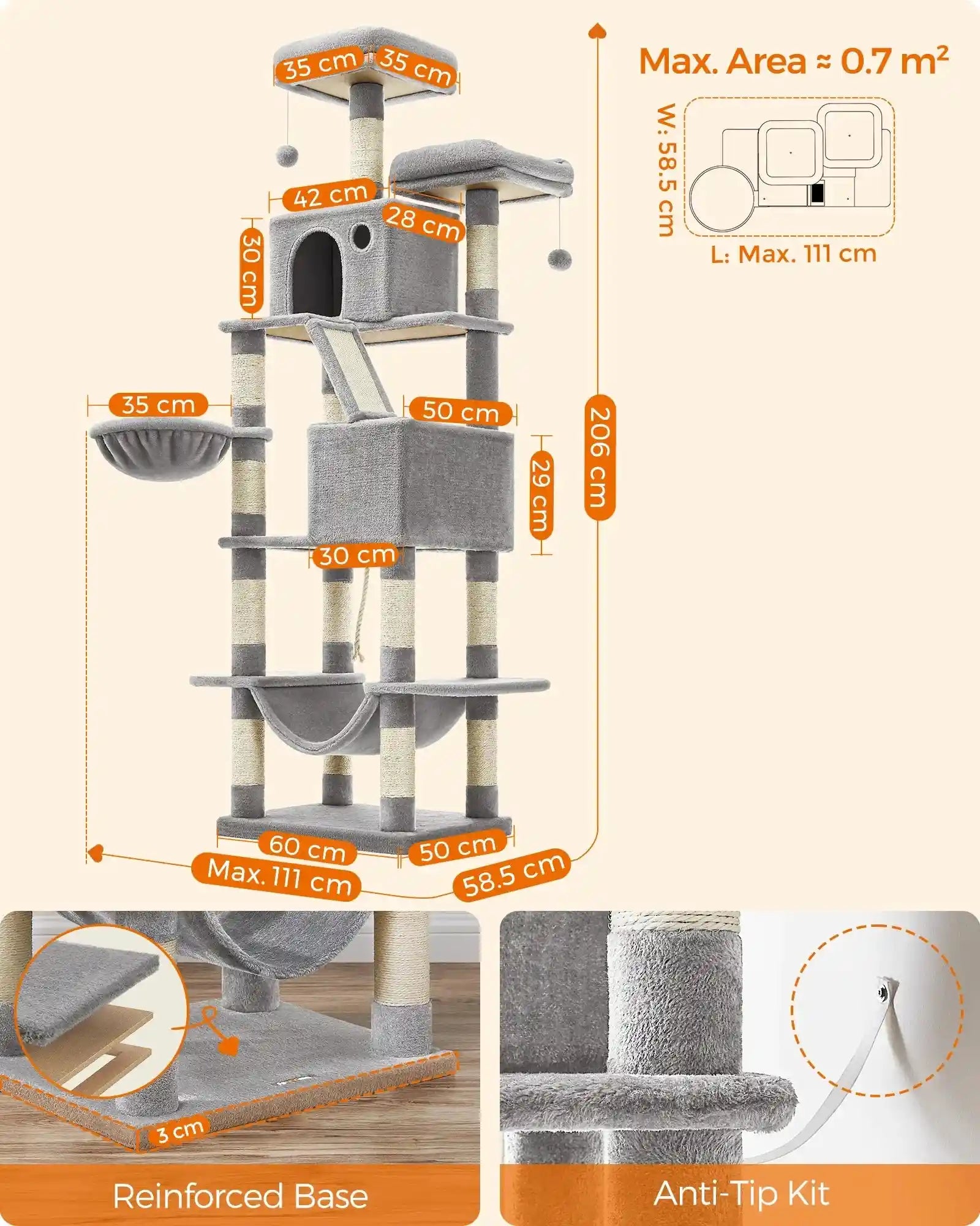 Feandrea Cat Tree XXL with five-plus tiers, sturdy climbing posts, reinforced base, and anti-tip kit. Ideal for large breeds, 206 cm tall.