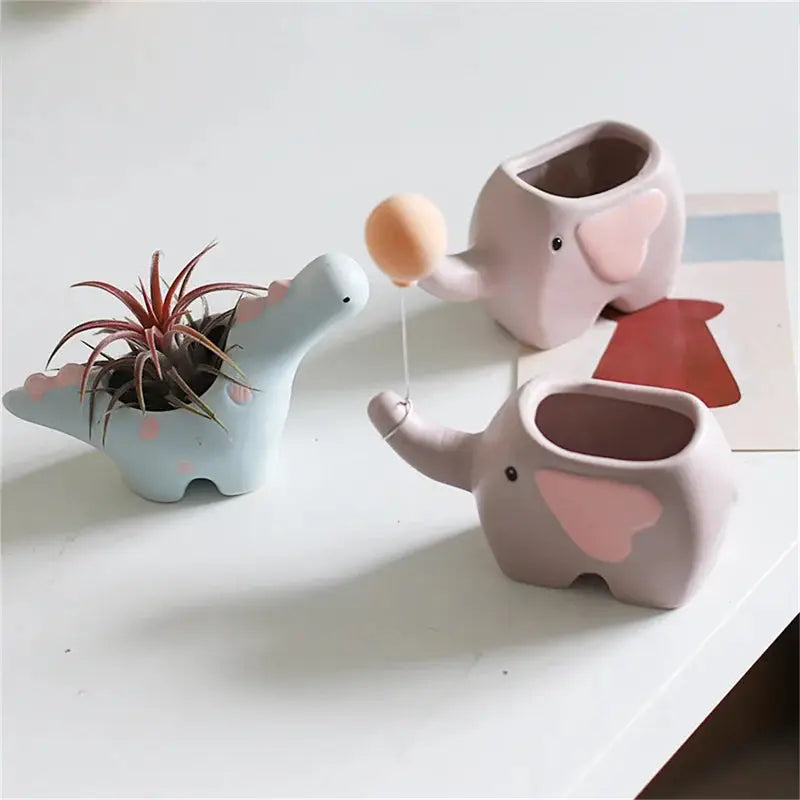  Creative Flower-Shaped Ceramic Plant Pot – Cute Cartoon Elephant & Dinosaur Succulent Vase for Home Table Decor.