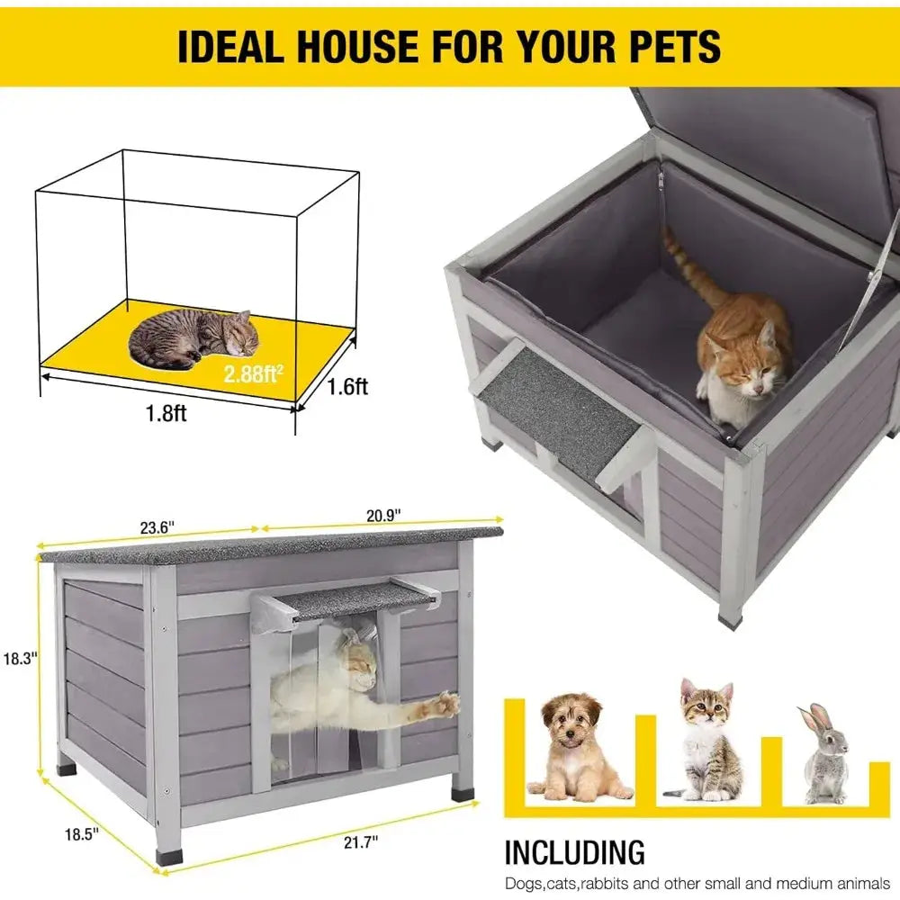  Outdoor Insulated Cat House – Waterproof Feral Kitty Shelter with Warm Liner for Winter, Weatherproof Rabbit Hutch for Bunnies and Cats