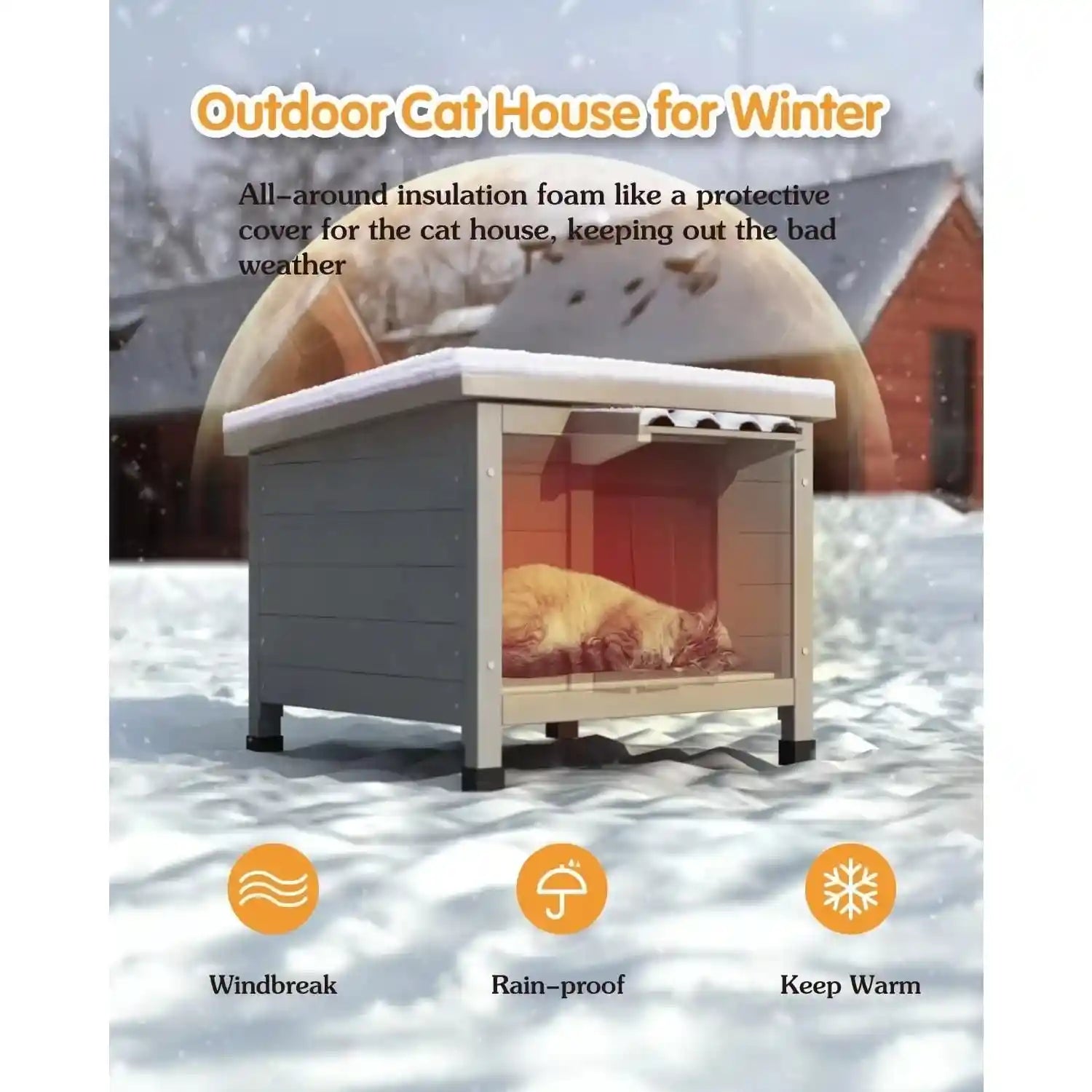 Outdoor cat house feral cat shelter with waterproof and foam-insulated design. Provides warmth and protection for cats in snowy winter conditions.