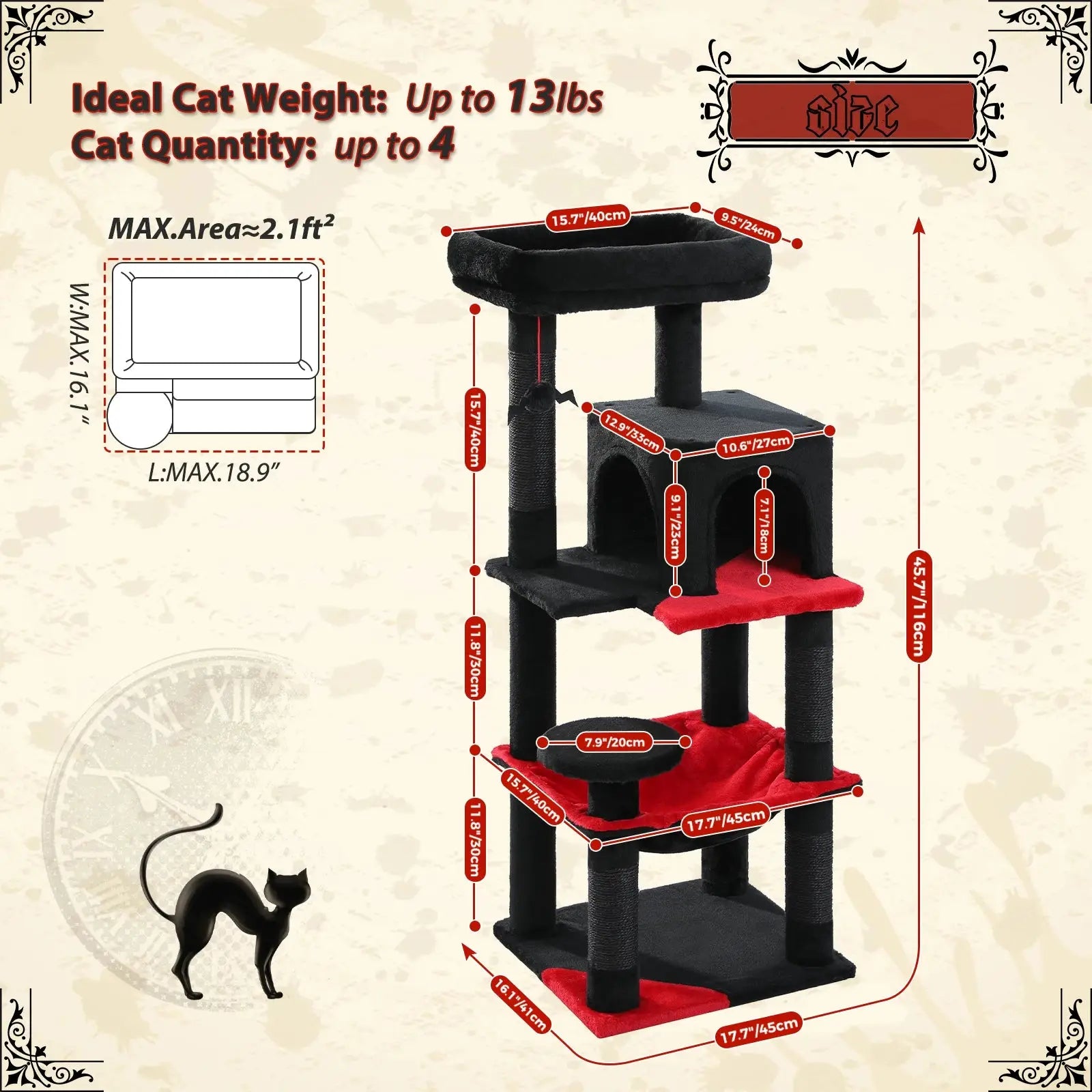 Gothic Cat Tree Tower – Tall Indoor Cat Activity Center with Large Hammock, Scratching Posts, Cozy Condo, and Top Perch for Climbing and Lounging