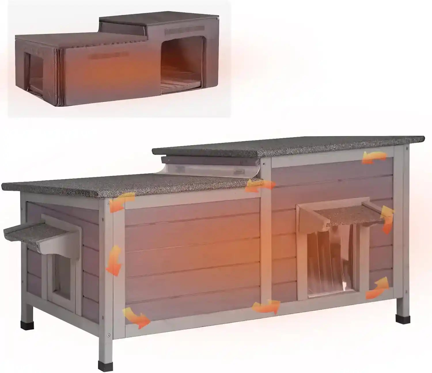 Outdoor cat house insulated shelter with weatherproof wooden construction, dual entrances, and thermal insulation for winter protection.