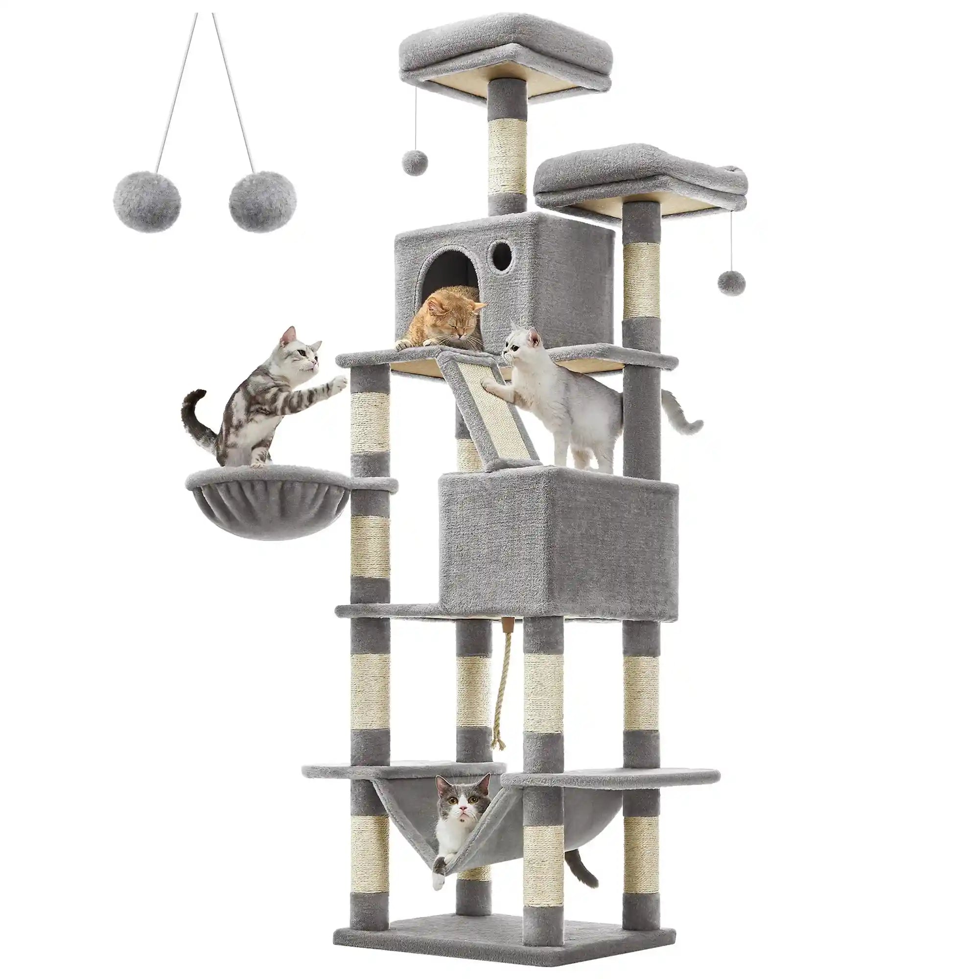 Feandrea Cat Tree XXL with five-plus tiers, sturdy design, and multiple platforms for climbing. Ideal for large breeds, featuring scratching posts and cozy hideouts.