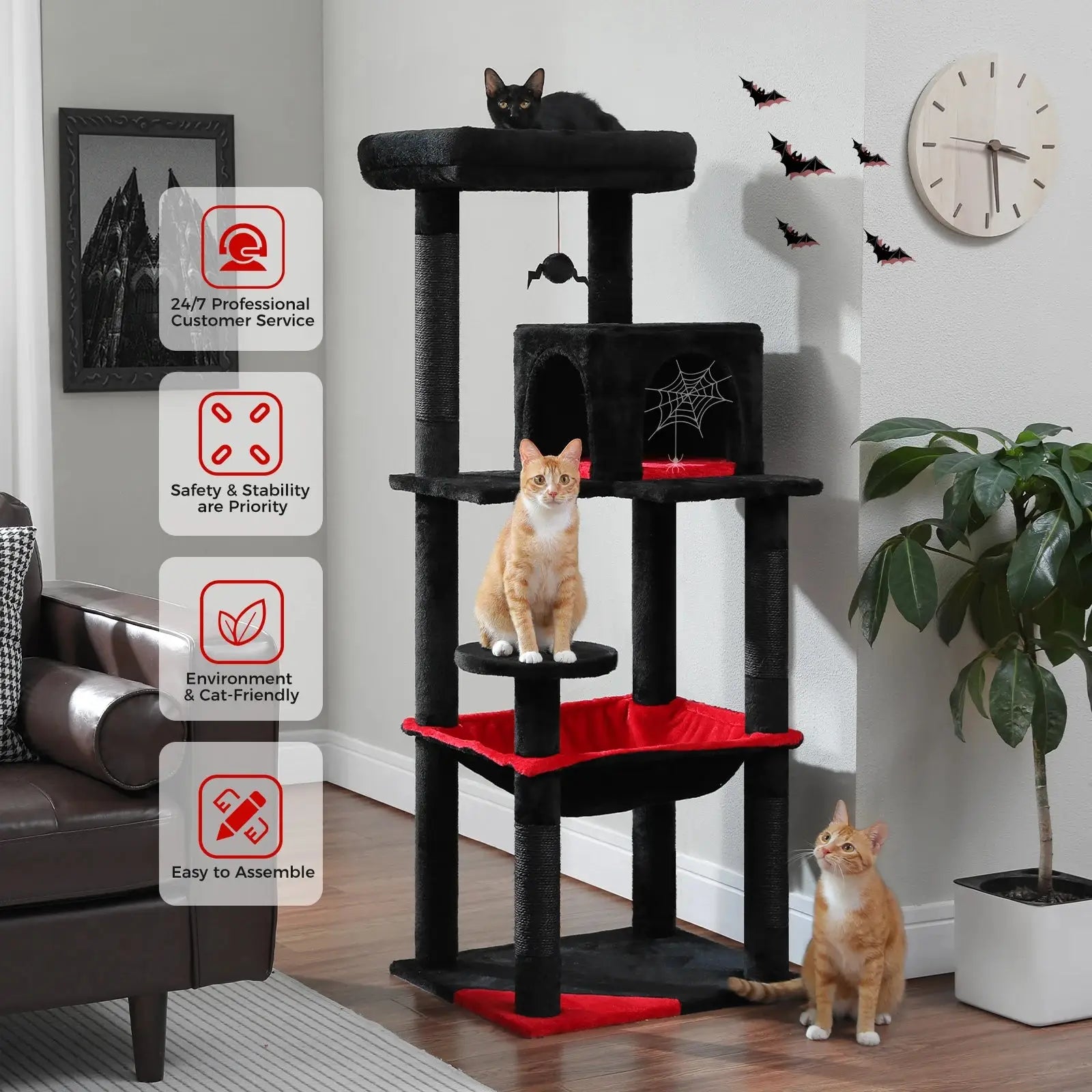 Gothic Cat Tree Tower – Tall Indoor Cat Activity Center with Large Hammock, Scratching Posts, Cozy Condo, and Top Perch for Climbing and Lounging