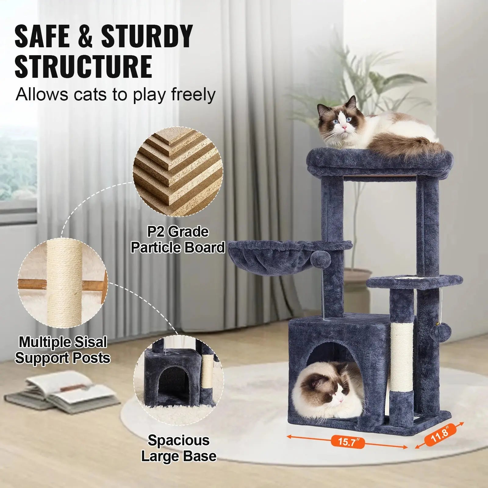 Large Multi-Level Cat Tree Tower with Hammock, Scratching Posts, and Cozy House – Ultimate Cat Activity Center for Climbing, Lounging, and Playing