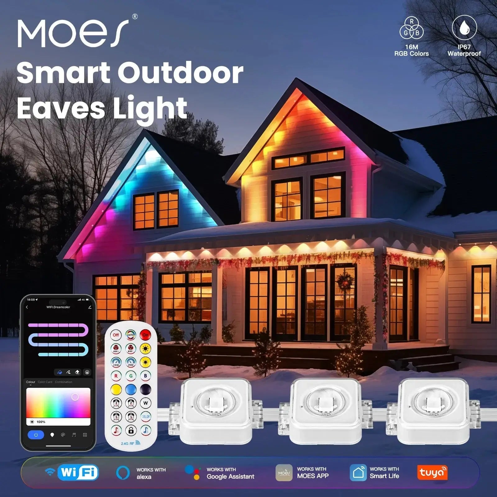 Tuya WiFi Smart Outdoor LED String Lights – RGB, IP67 Waterproof, Remote-Controlled, Works with Alexa & Google Home.