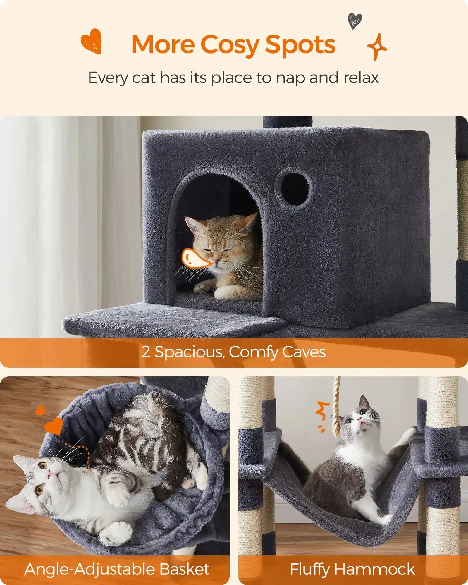 Feandrea Cat Tree XXL with two spacious caves, an angle-adjustable basket, and a fluffy hammock for ultimate feline comfort.