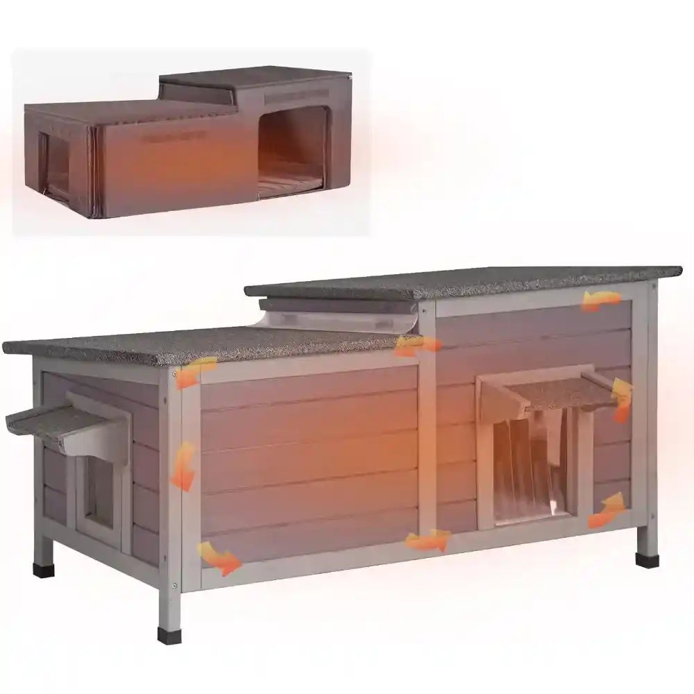 Outdoor cat house insulated shelter with weatherproof wooden construction, dual entrances, and thermal insulation for winter warmth.