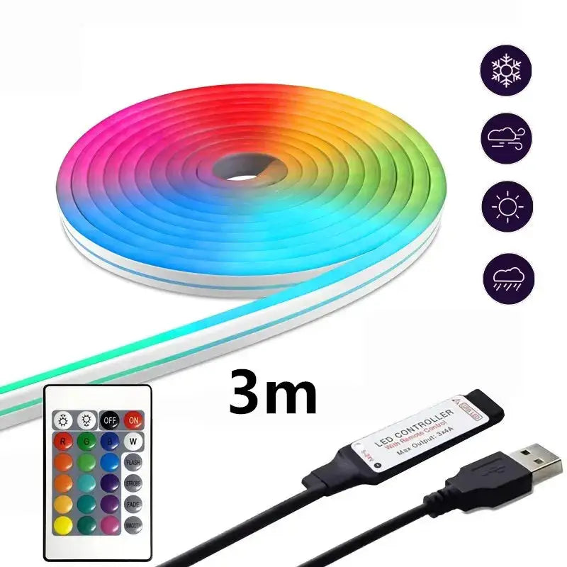 Smart Neon LED Strip Light – RGB Flexible Neon Tape, Waterproof, Remote-Controlled for TV Backlight, Room, Home, and Outdoor Decor.