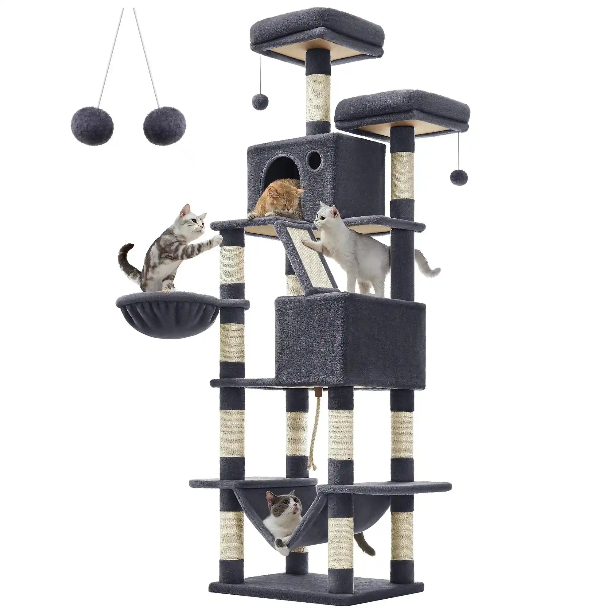 Feandrea Cat Tree XXL with five-plus tiers, sturdy design for large breeds. Features scratching posts, hammocks, and cozy perches for climbing.