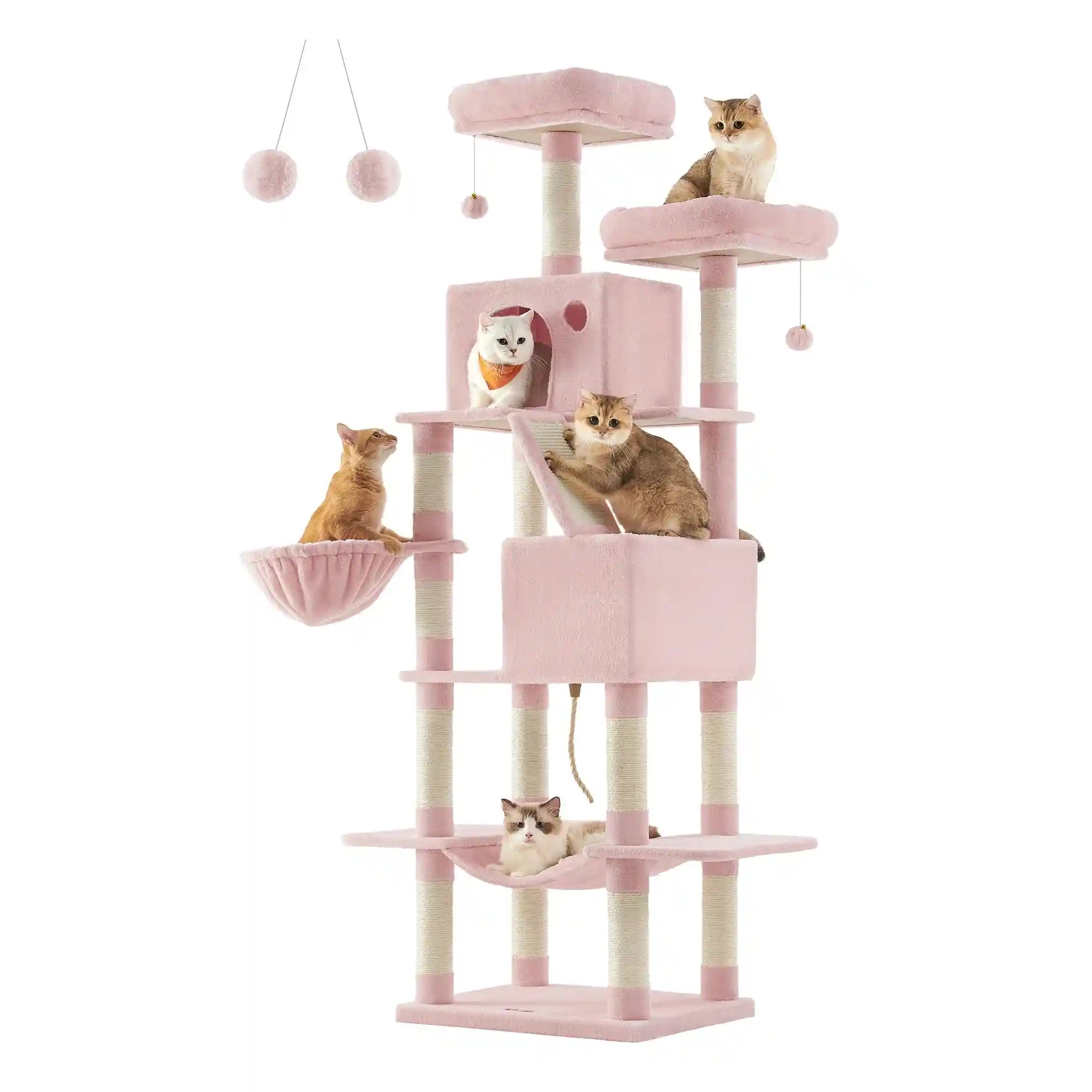 Feandrea Cat Tree XXL in pink with five-plus tiers, offering sturdy climbing platforms, cozy perches, and scratching posts for large cats.