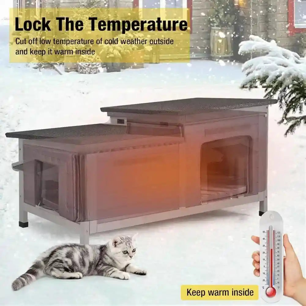 Outdoor cat house insulated shelter, weatherproof for winter. Features a sturdy wooden structure with thermal insulation to keep pets warm in cold weather.