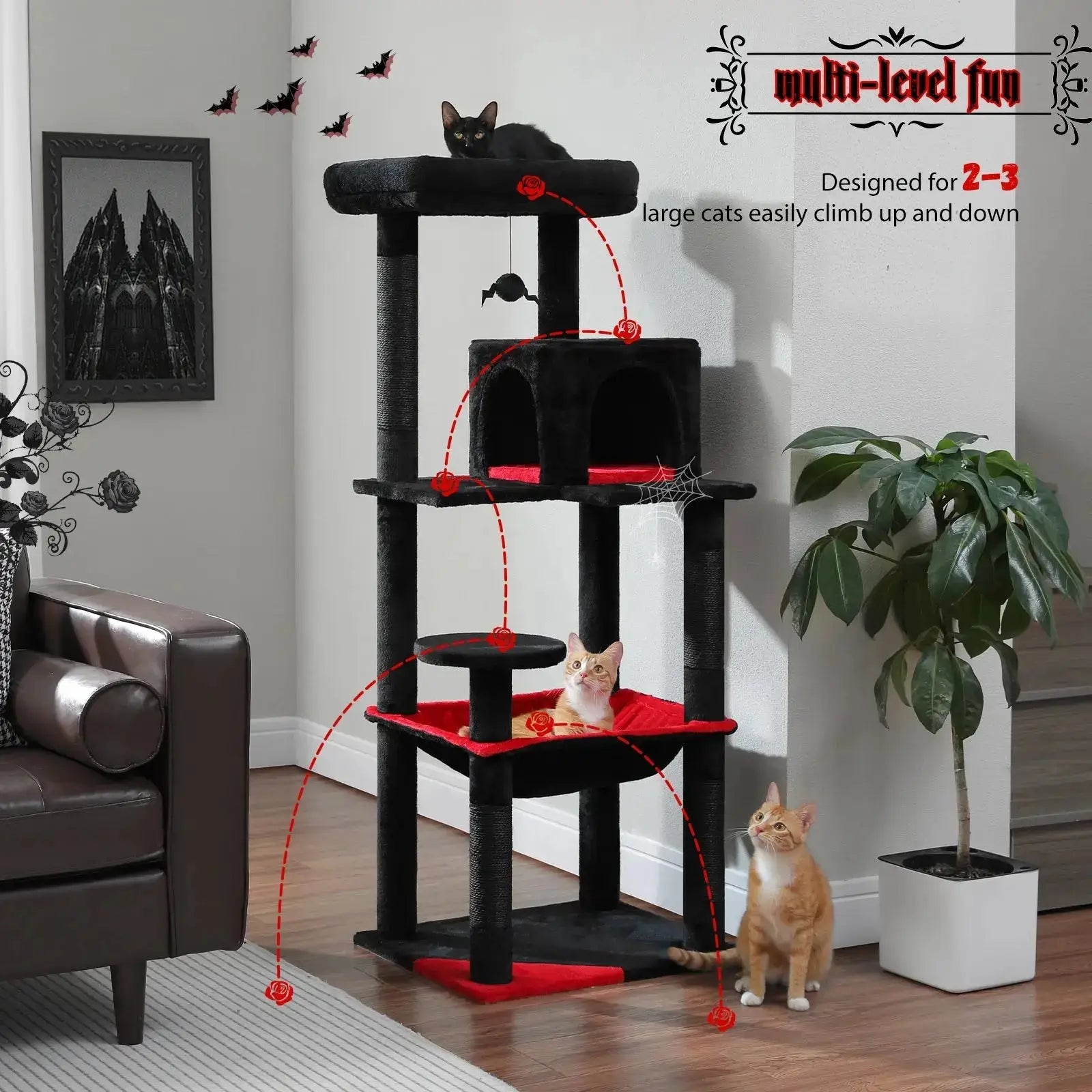 Gothic Cat Tree Tower – Tall Indoor Cat Activity Center with Large Hammock, Scratching Posts, Cozy Condo, and Top Perch for Climbing and Lounging